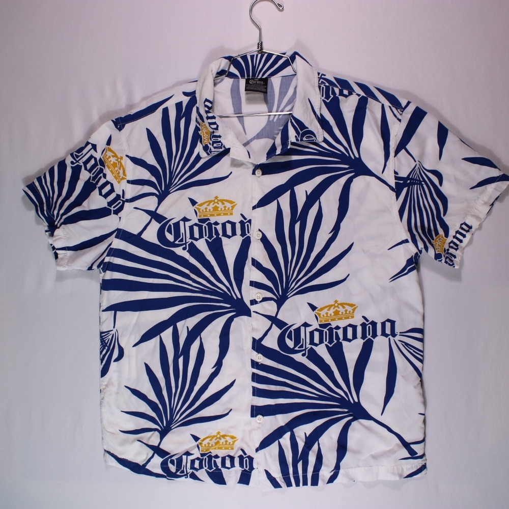 Corona Beach Shirt Mens Size M White Button up Beach Shirt Beer Drinking Novelty